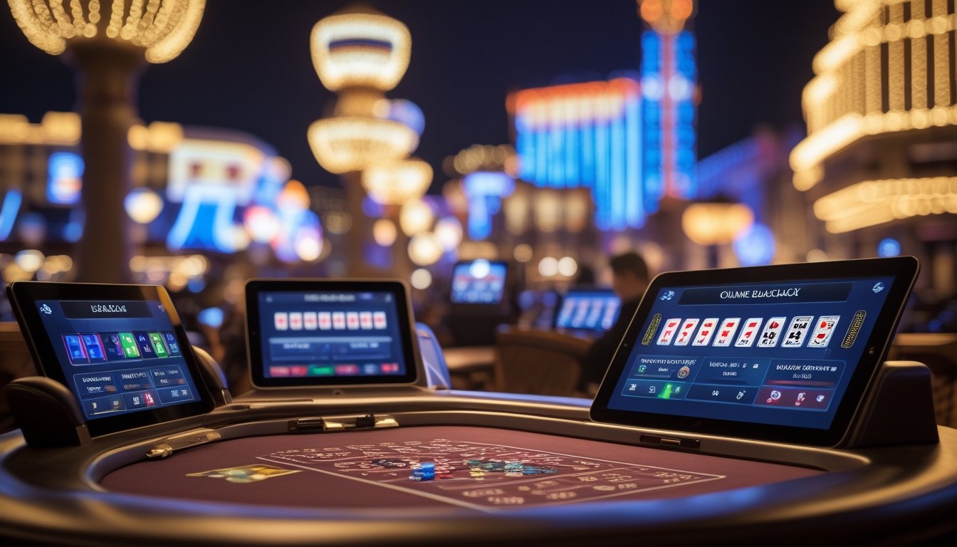 Suasana kasino mewah di Vegas Strip dengan meja blackjack digital dan latar belakang lampu neon yang terang.