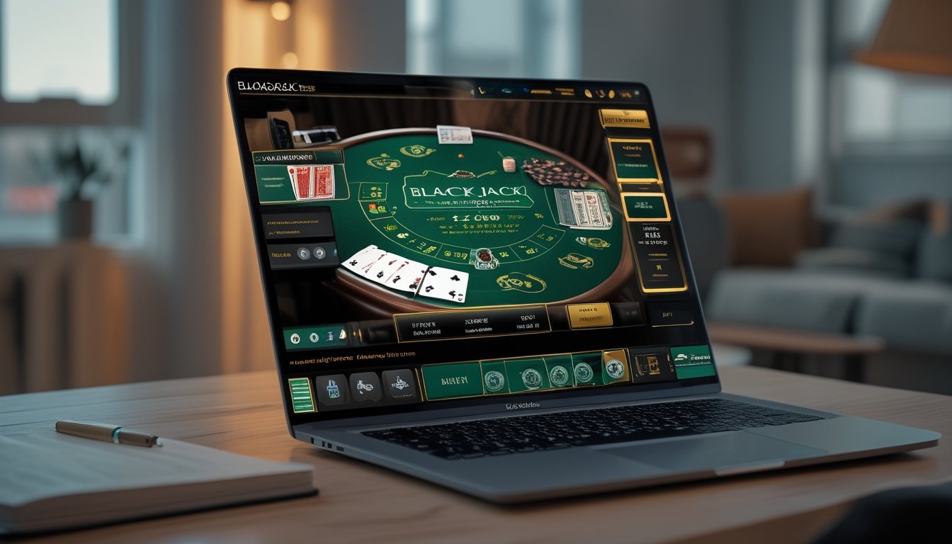 Seseorang bermain blackjack online di depan komputer dengan kartu dan chip di layar, di meja terdapat buku catatan dan pena.