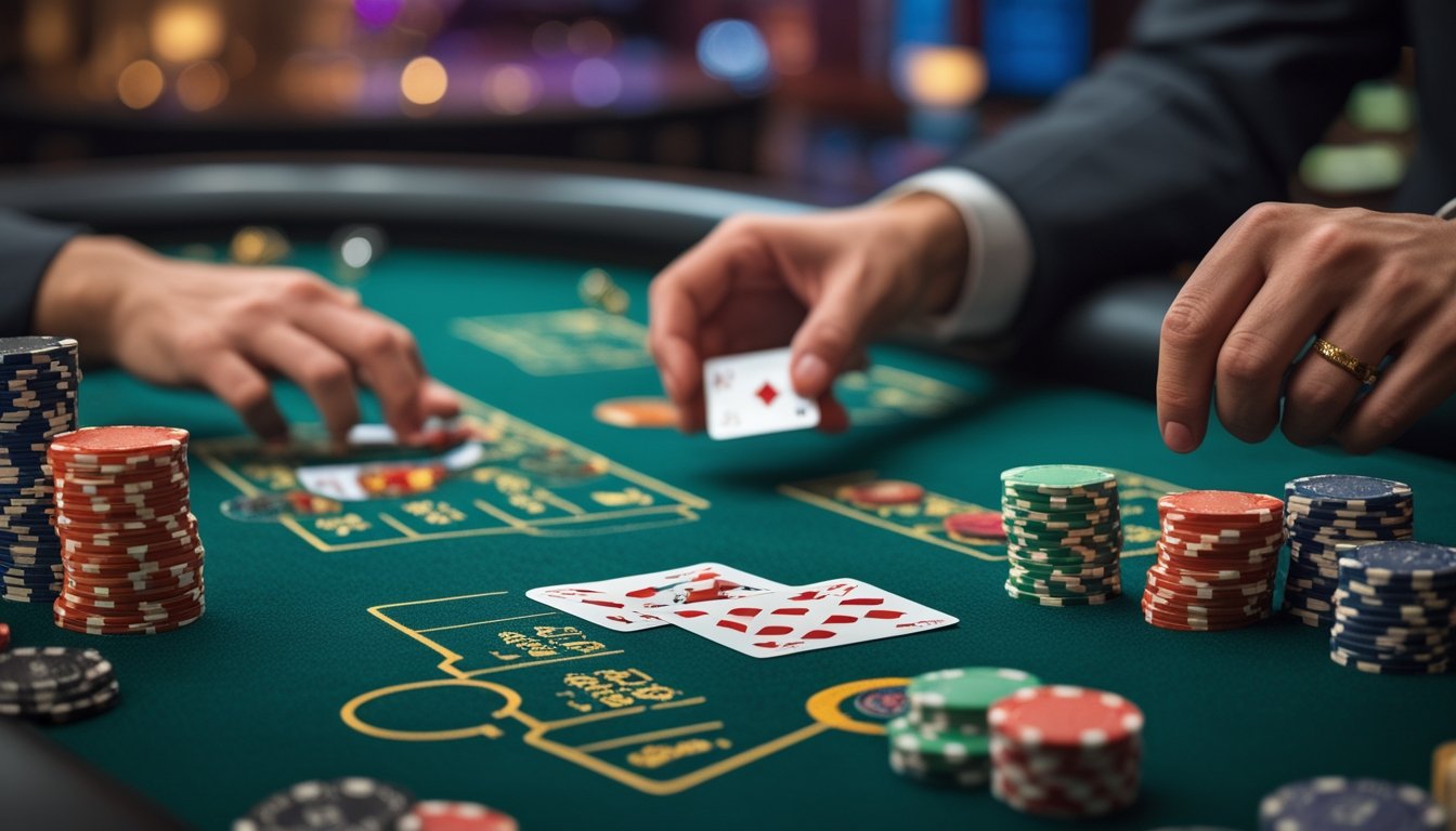 Meja blackjack Vegas Strip dengan kartu dan tumpukan chip poker di kasino.