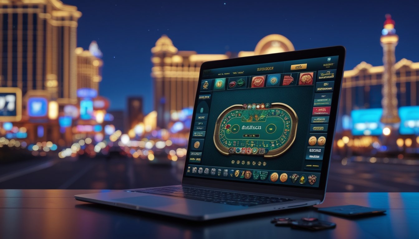 Pemandangan meja blackjack online dengan latar belakang lampu terang dan landmark terkenal di Las Vegas Strip pada malam hari.