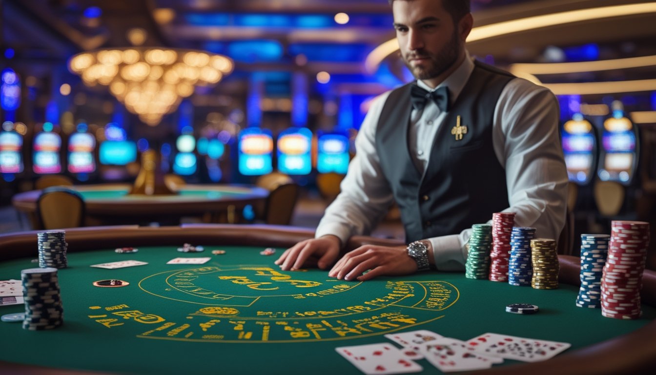 Meja blackjack di kasino mewah dengan kartu dan chip poker, dealer sedang mengatur permainan, latar belakang lampu kasino yang cerah.