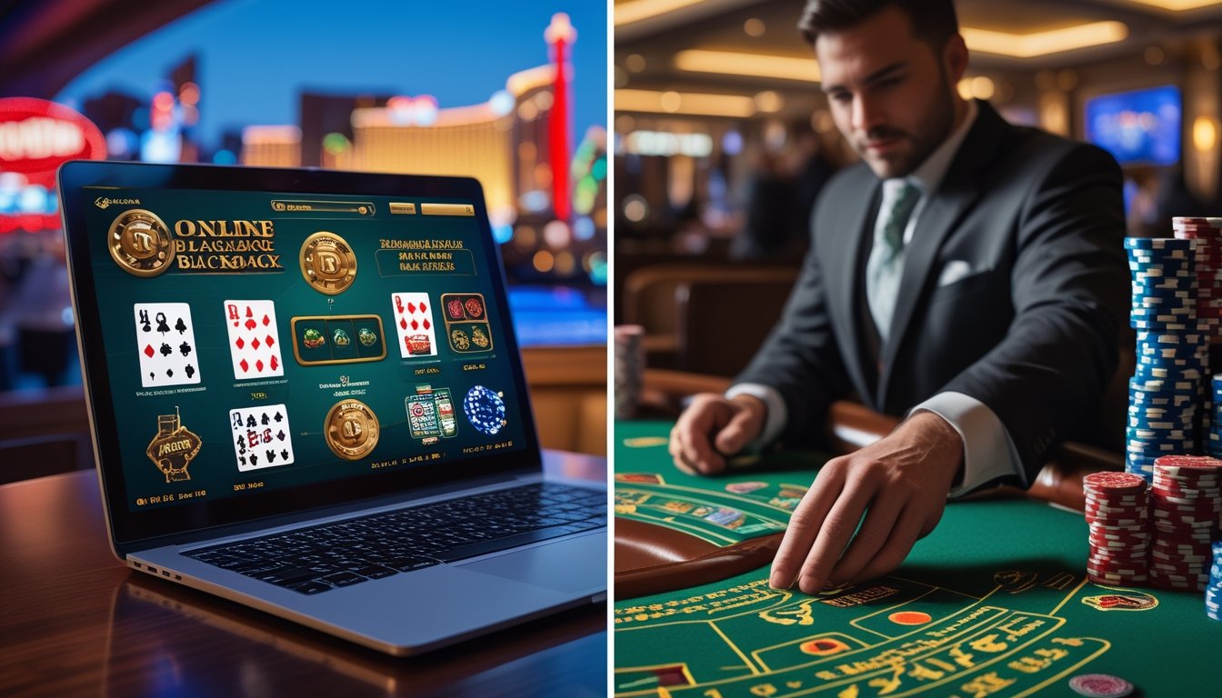 Seorang dealer membagikan kartu di meja blackjack klasik di kasino dengan latar belakang pemandangan Vegas Strip, di samping laptop yang menampilkan permainan blackjack online.