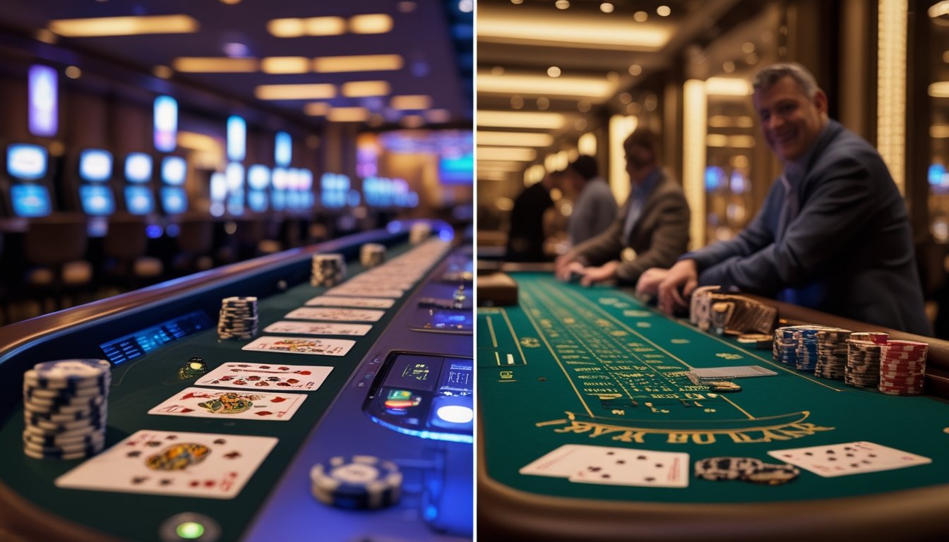 Dua meja blackjack berdampingan, satu dengan suasana kasino modern dan satu lagi dengan meja blackjack klasik, menunjukkan perbandingan antara Vegas Strip Blackjack dan Blackjack Klasik.