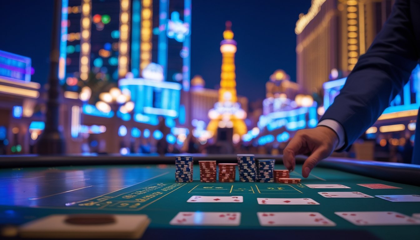 Pemandangan kasino Las Vegas Strip di malam hari dengan meja blackjack dan kartu bermain di latar depan.