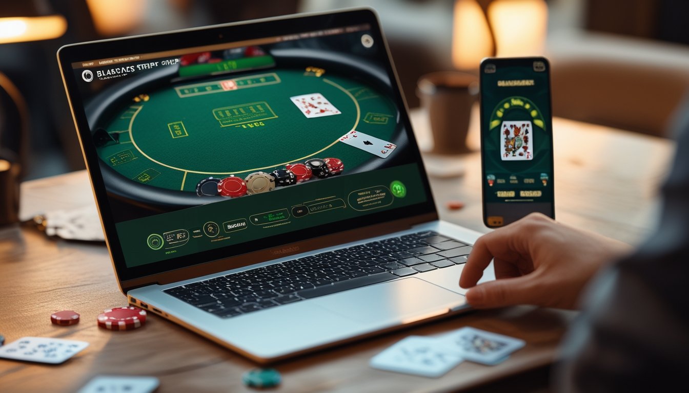Sebuah meja blackjack digital di layar laptop dengan kartu dan chip poker di sekitarnya.