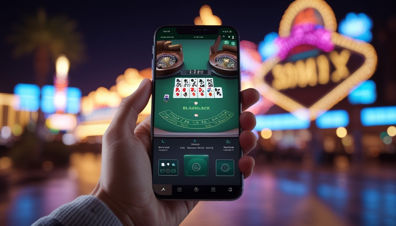 Seseorang memegang ponsel dengan permainan blackjack online di layar, latar belakang lampu neon dan kasino di Las Vegas pada malam hari.