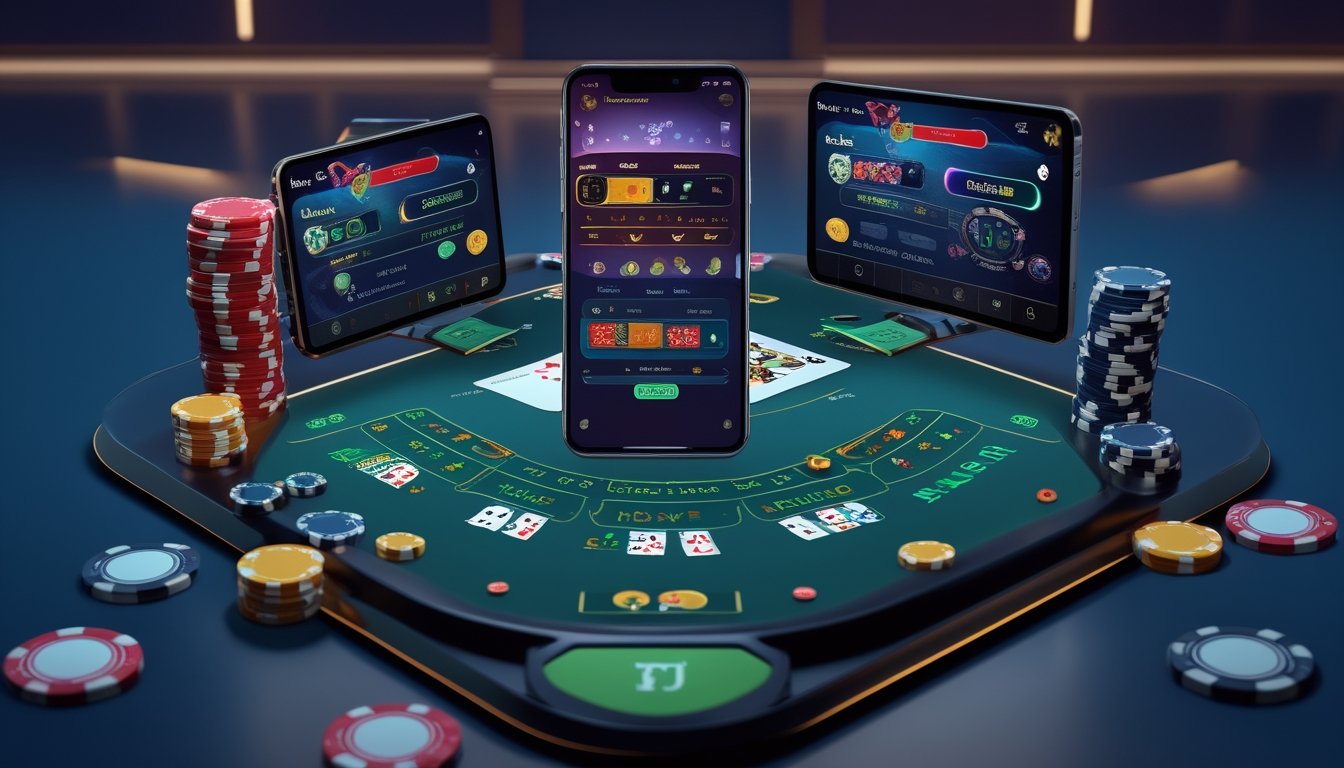 Dua ponsel menampilkan permainan blackjack online dengan latar belakang suasana kasino dan lampu neon.