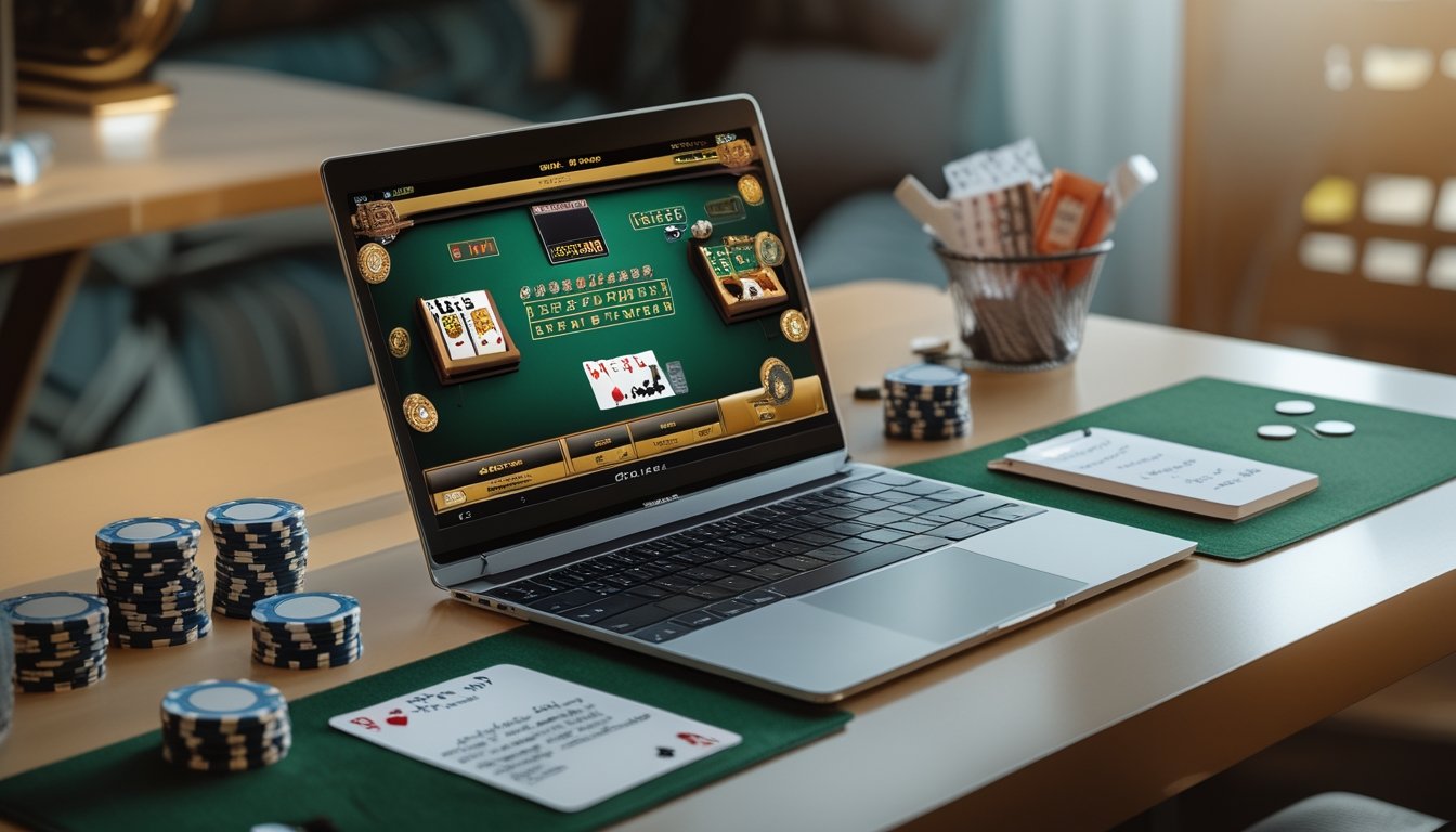 Seorang pemain blackjack online menggunakan laptop dengan tumpukan chip dan catatan strategi di meja.