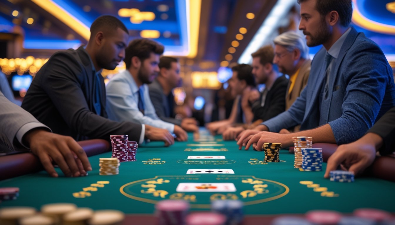 Meja blackjack dengan kartu dan chip poker di kasino yang ramai di Vegas Strip, dengan pemain yang fokus bermain.