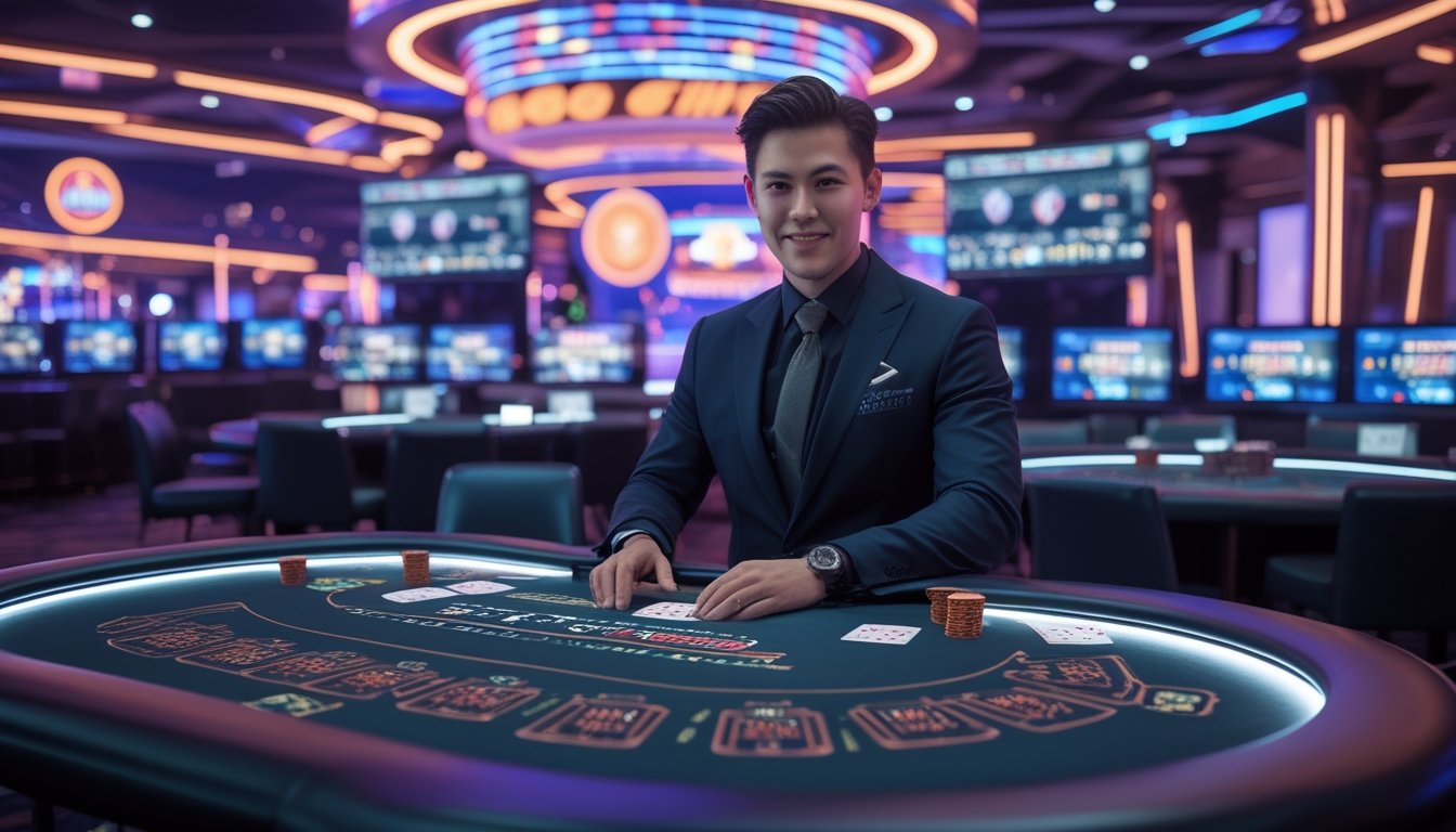 Seorang dealer blackjack langsung di meja kasino dengan lampu neon dan layar digital di latar belakang, menampilkan suasana kasino online yang hidup.