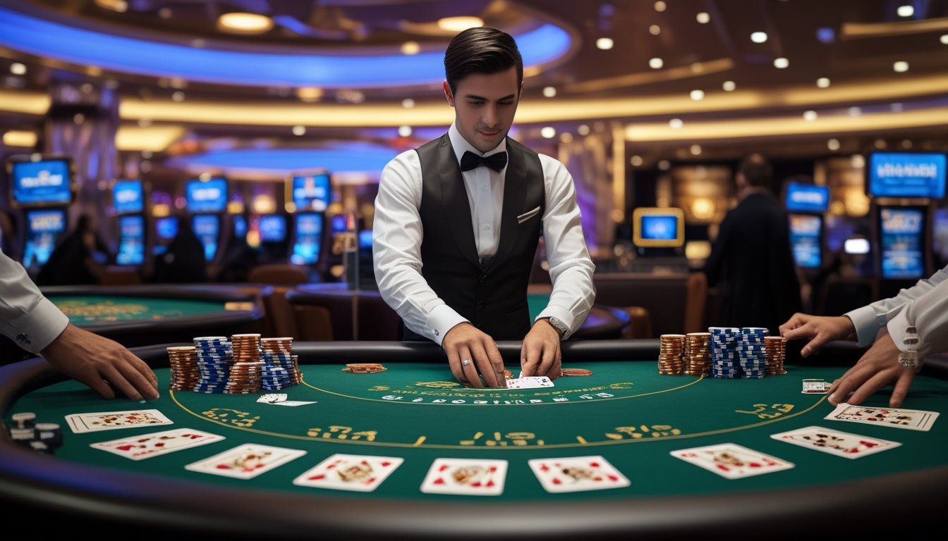 Seorang dealer profesional sedang membagikan kartu blackjack di meja kasino dengan beberapa pemain di sekelilingnya, latar belakang menampilkan lampu kasino dan suasana mewah.
