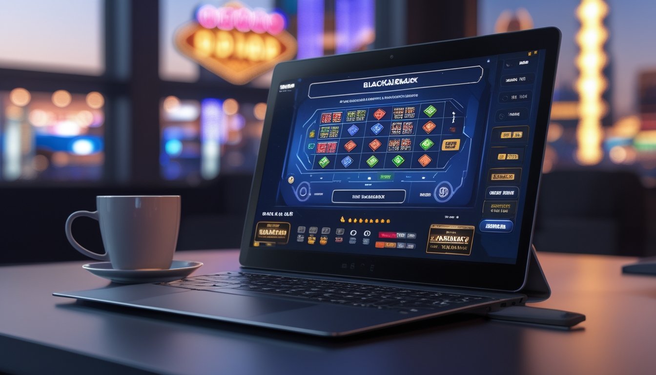 Sebuah laptop menampilkan permainan blackjack online dengan latar belakang pemandangan malam Strip Vegas yang bercahaya.