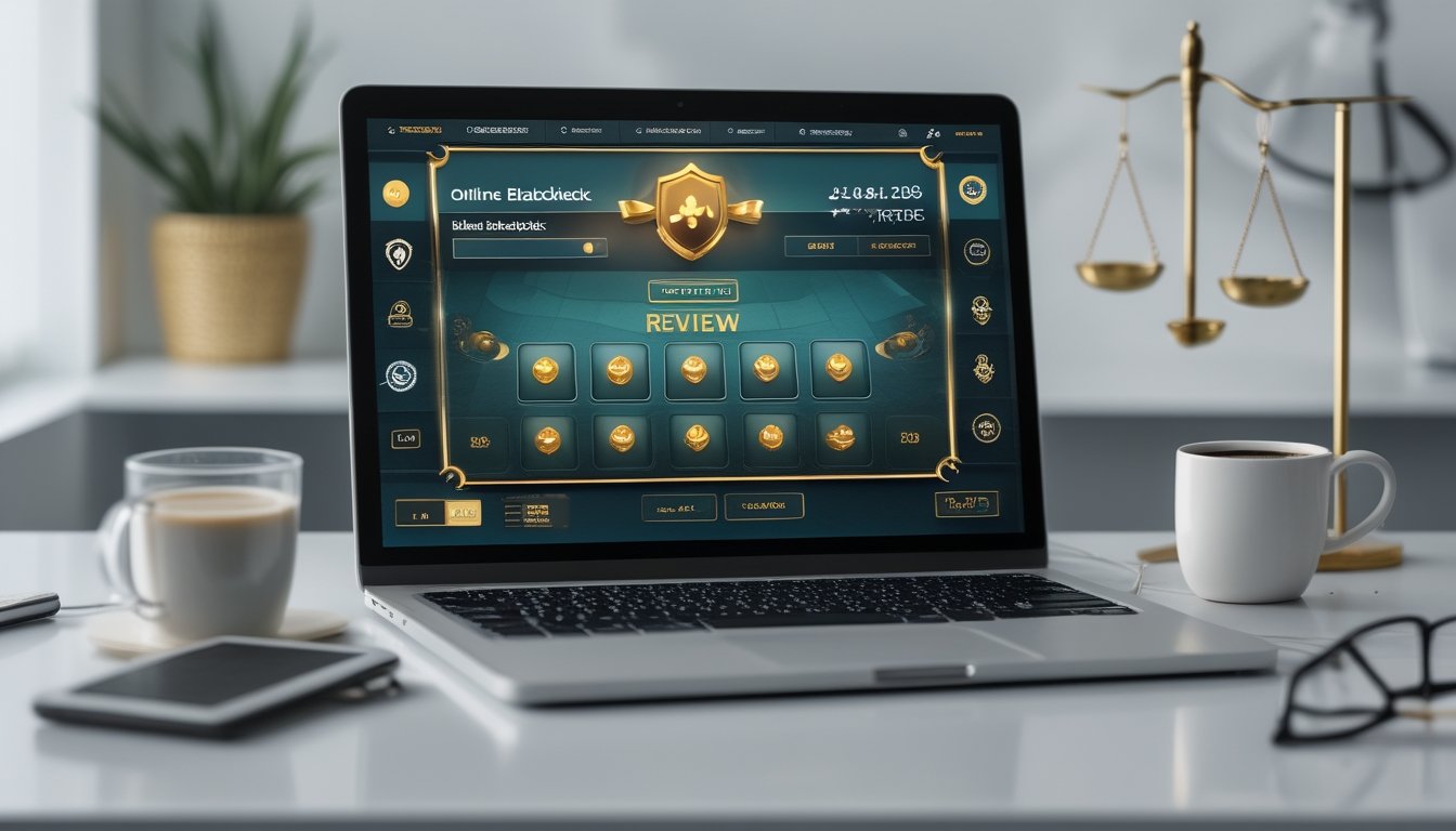 Layar laptop menampilkan permainan blackjack online dengan ikon keamanan dan keadilan di latar belakang, di atas meja kerja yang rapi dengan cangkir kopi dan kacamata.