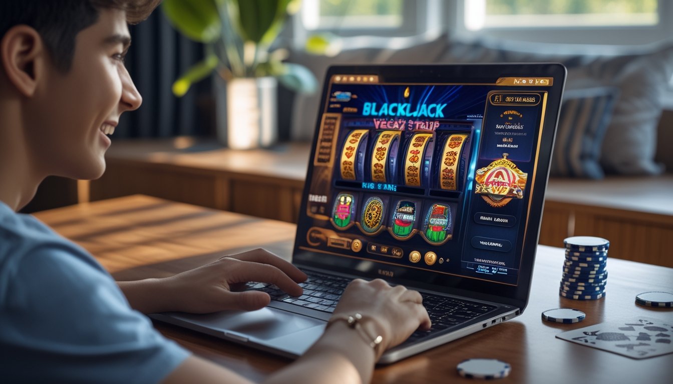 Seseorang duduk di meja dengan laptop, bermain blackjack online di rumah dengan pencahayaan alami.