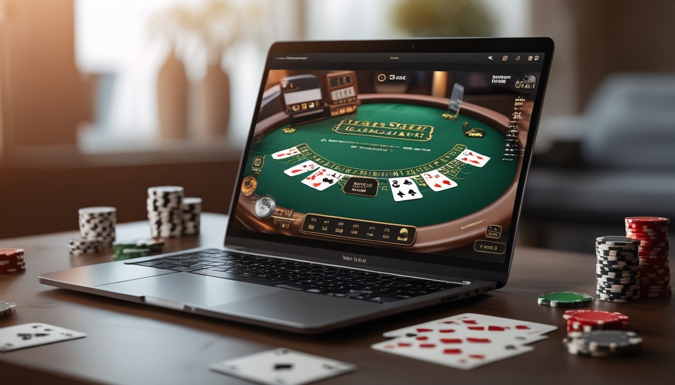 Seorang pemain menggunakan laptop dengan meja blackjack digital di layar, dikelilingi chip poker dan kartu remi di meja.