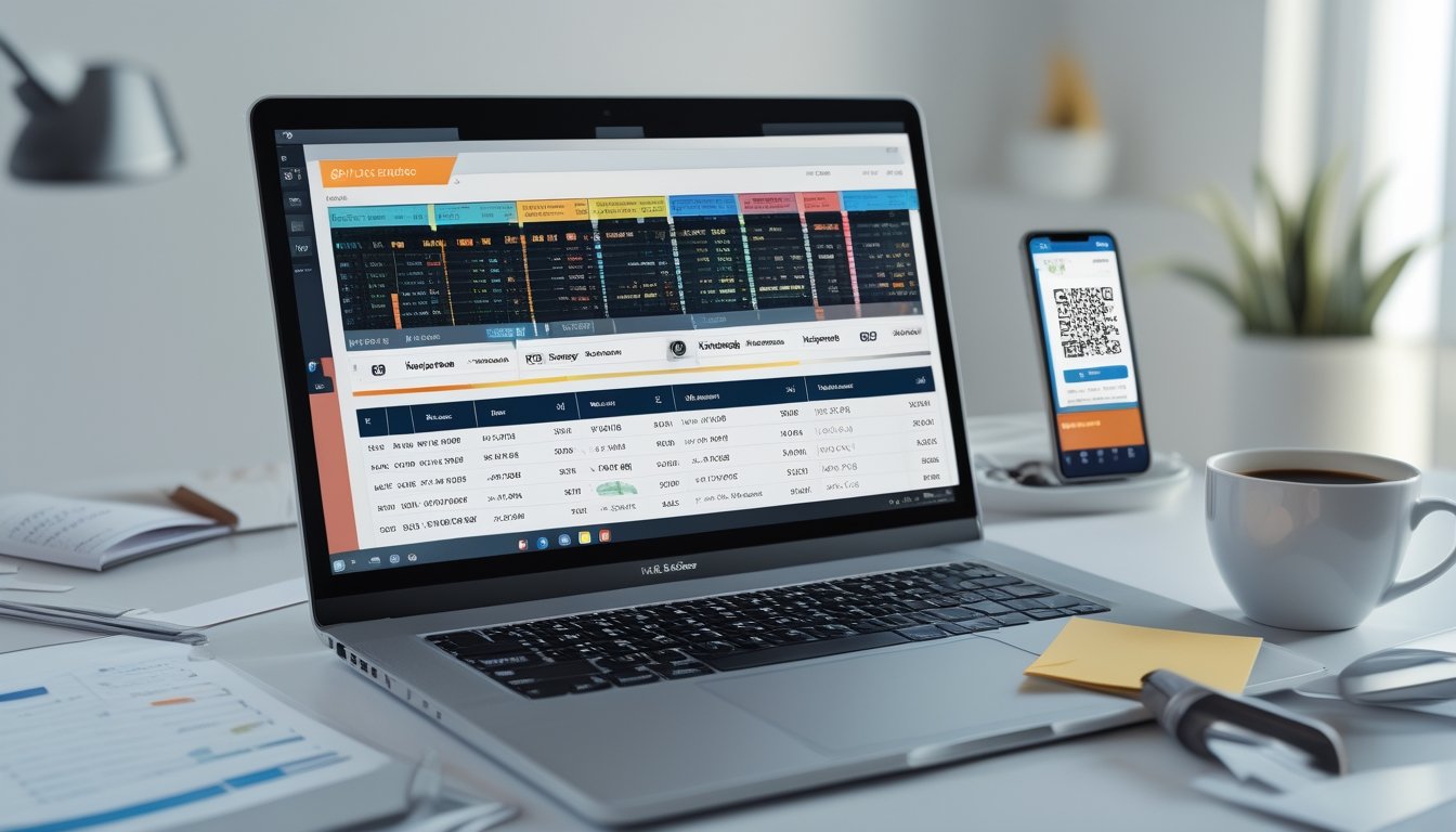 Meja kerja modern dengan laptop menampilkan grafik dan angka lotre, ponsel dengan aplikasi lotre, serta secangkir kopi di sampingnya.