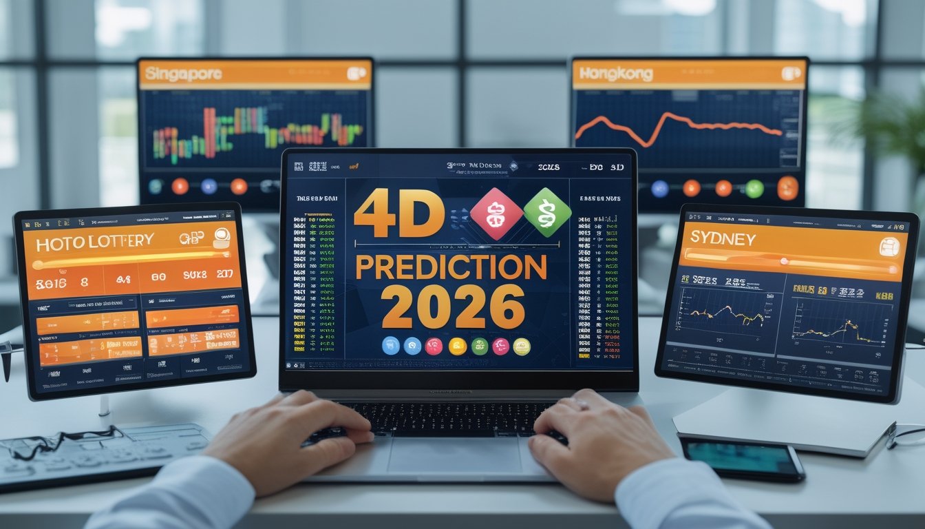 Seseorang bekerja dengan laptop dan beberapa layar digital menampilkan grafik dan data prediksi togel 4D dari pasar internasional di sebuah kantor modern.