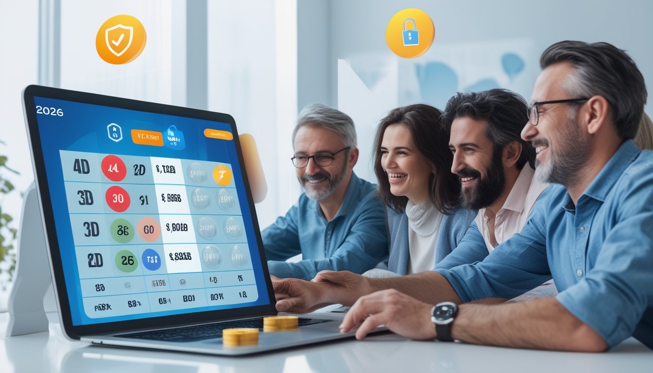 Orang-orang yang bahagia menggunakan perangkat digital untuk bermain lotere online dengan antarmuka modern dan elemen keamanan di latar belakang.