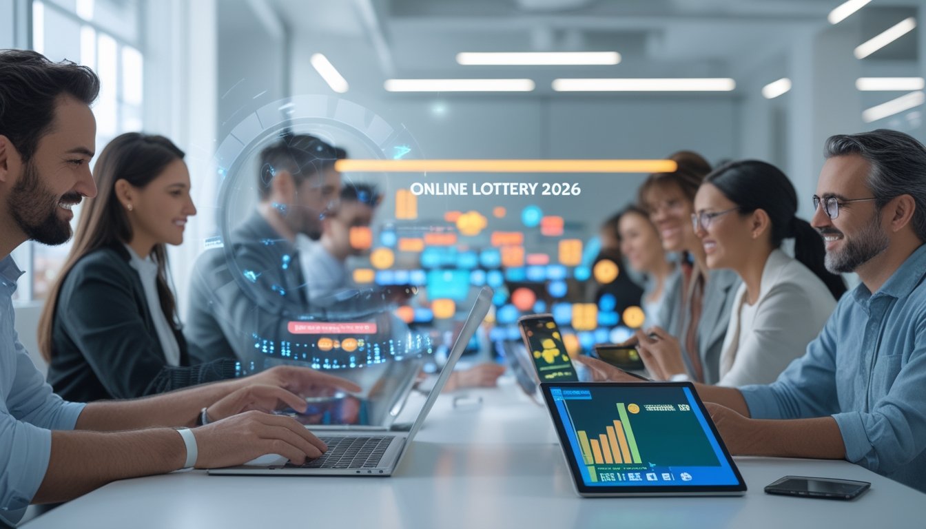 Sekelompok orang menggunakan perangkat digital di kantor modern yang cerah, menunjukkan suasana percaya dan antusias dalam bermain togel online.