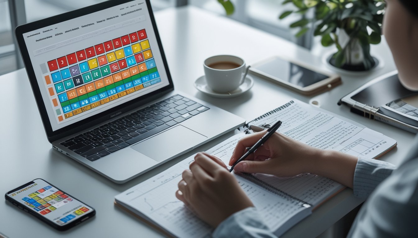 Seorang individu sedang menganalisis data togel 4D online di meja kerja dengan laptop, catatan, dan ponsel.