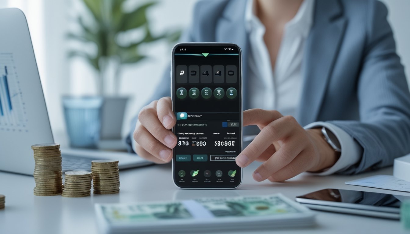 Seseorang menggunakan smartphone untuk bermain togel online 4D dengan tumpukan koin kecil di meja dan laptop di latar belakang.