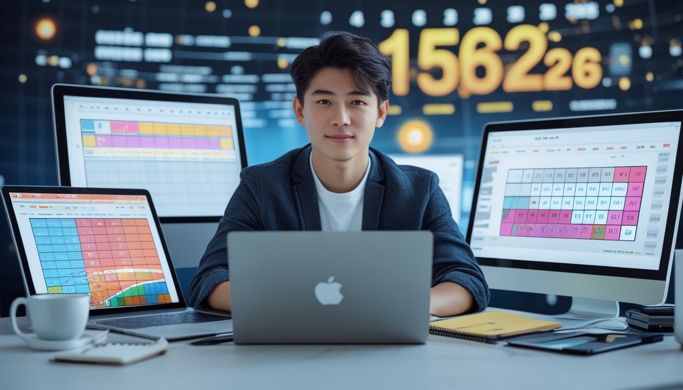 Seorang pria muda duduk di meja kerja dengan beberapa perangkat digital yang menampilkan angka togel dan grafik, dikelilingi catatan dan kalender tahun 2026.