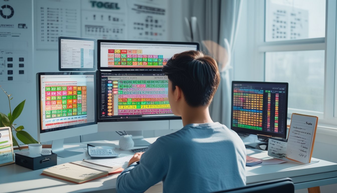 Seseorang duduk di meja kerja dengan beberapa layar digital menampilkan grafik dan angka togel, fokus menganalisis strategi permainan togel online.