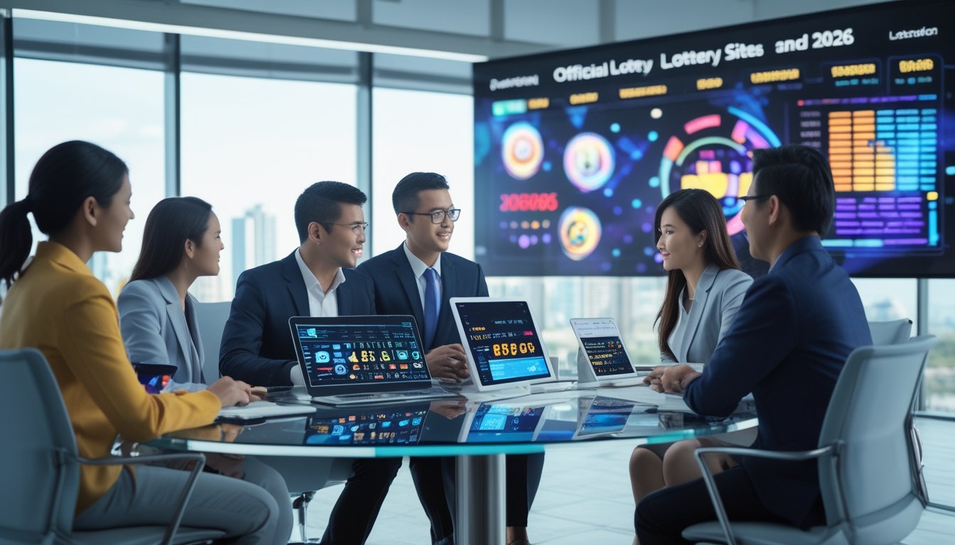 Sekelompok profesional sedang berdiskusi di kantor modern dengan layar digital menampilkan grafik dan angka terkait lotere.