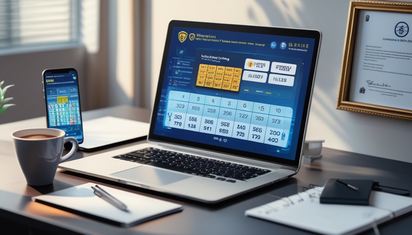 Seorang profesional menggunakan laptop dan ponsel di meja kerja yang rapi dengan tampilan antarmuka lotere digital dan alat tulis di sekitarnya.