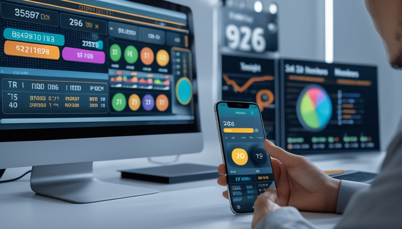 Meja kerja modern dengan komputer dan smartphone yang menampilkan data dan grafik prediksi angka togel malam ini tahun 2026.