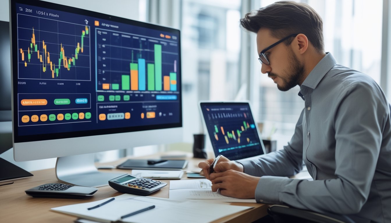 Seorang pria sedang menganalisis data angka pada layar komputer di ruang kerja modern.