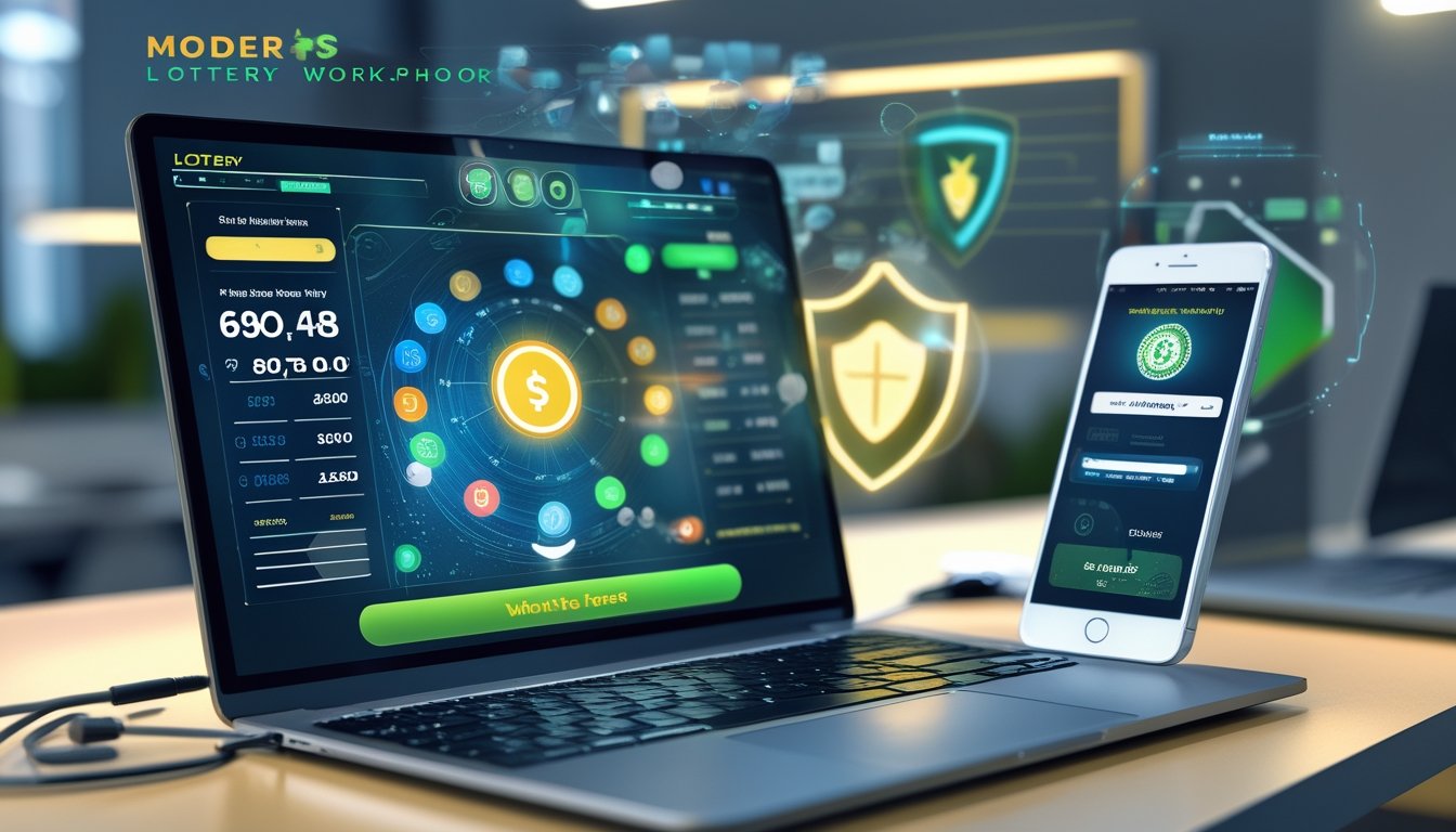 Seorang profesional sedang menggunakan laptop dengan tampilan permainan togel online di meja kerja modern.