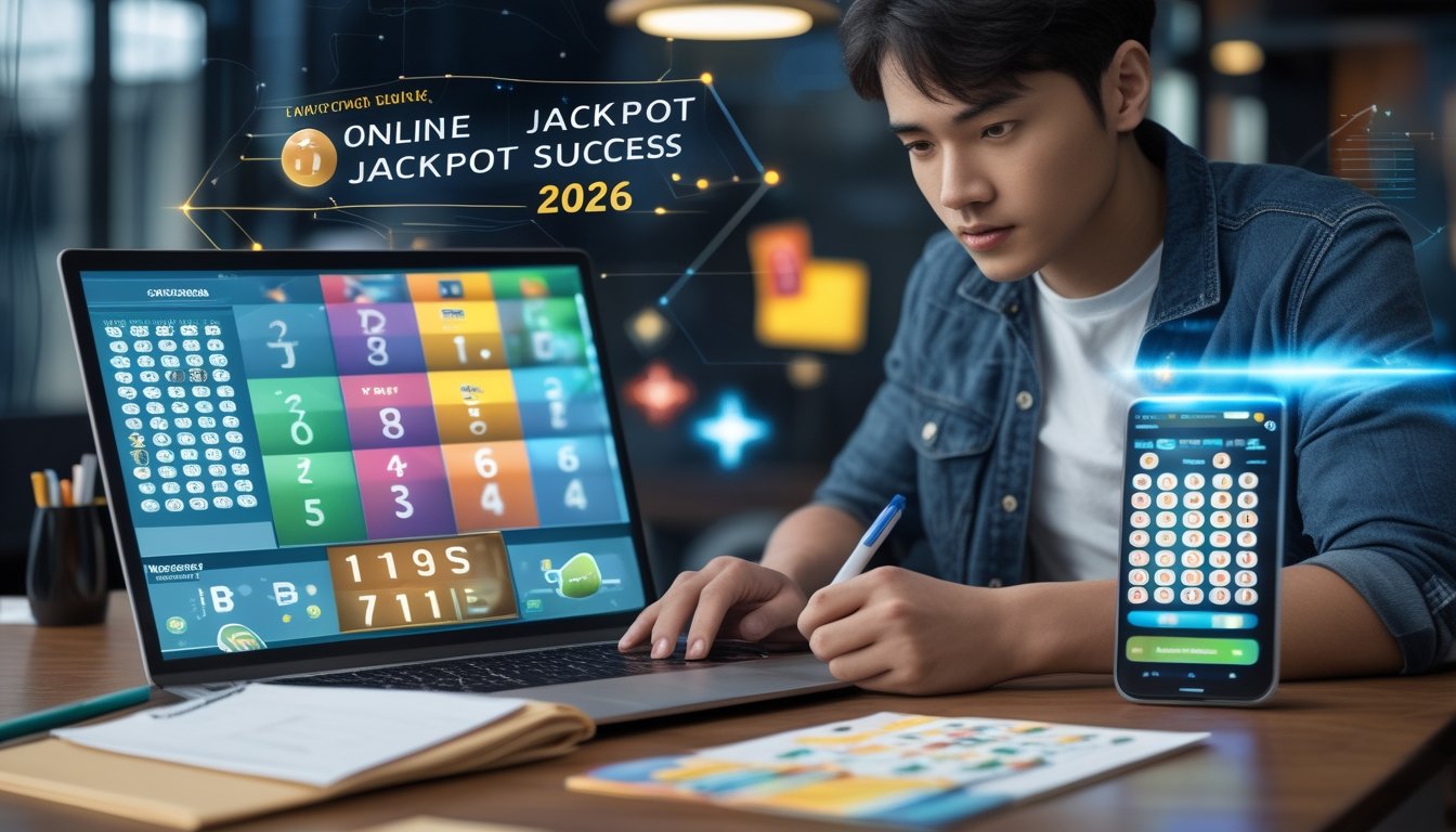 Seorang pemuda duduk di meja kerja dengan laptop dan smartphone, sedang menganalisis angka togel online dengan catatan di sekitarnya.
