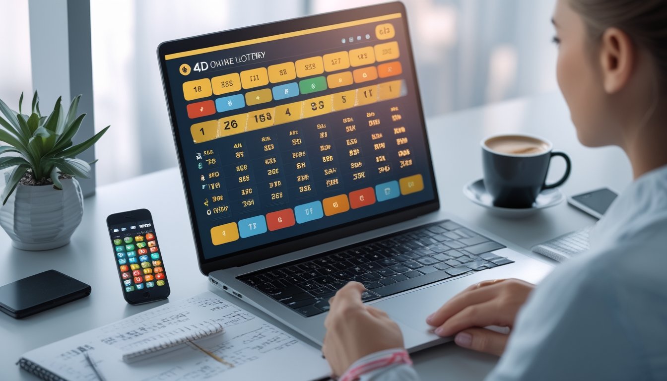 Meja kerja dengan laptop yang menampilkan antarmuka permainan togel online, smartphone, catatan, dan secangkir kopi.
