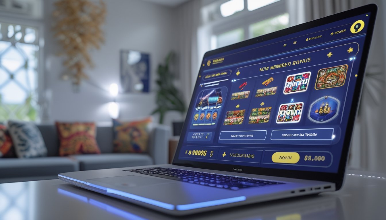 Seorang pengguna komputer di ruangan modern dengan layar menampilkan permainan kasino online dan ikon bonus anggota baru, dengan dekorasi yang mencerminkan budaya Indonesia.