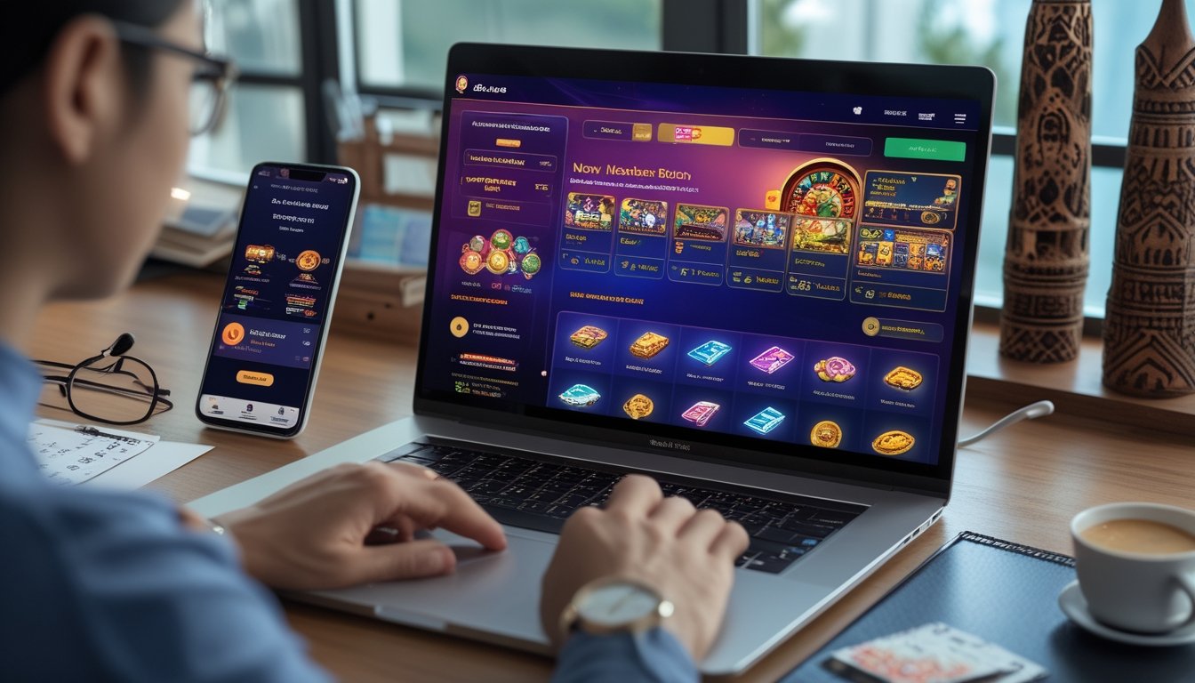 Orang sedang menggunakan laptop dan ponsel untuk taruhan kasino online dengan suasana kantor rumah yang rapi dan dekorasi tradisional Indonesia.