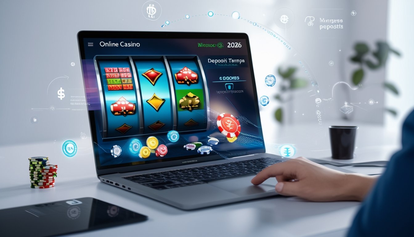 Seorang pengguna sedang mengakses situs kasino online di laptop dengan tampilan permainan slot dan kartu, di meja kerja yang rapi dan terang.