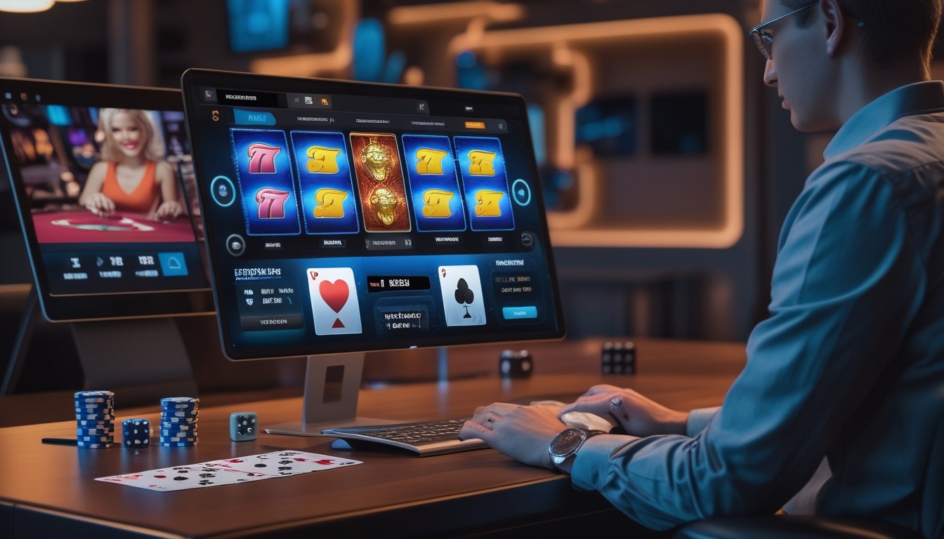 Seorang pria menggunakan laptop dengan tampilan permainan slot online dan dealer langsung di layar, di ruangan dengan dekorasi kasino.