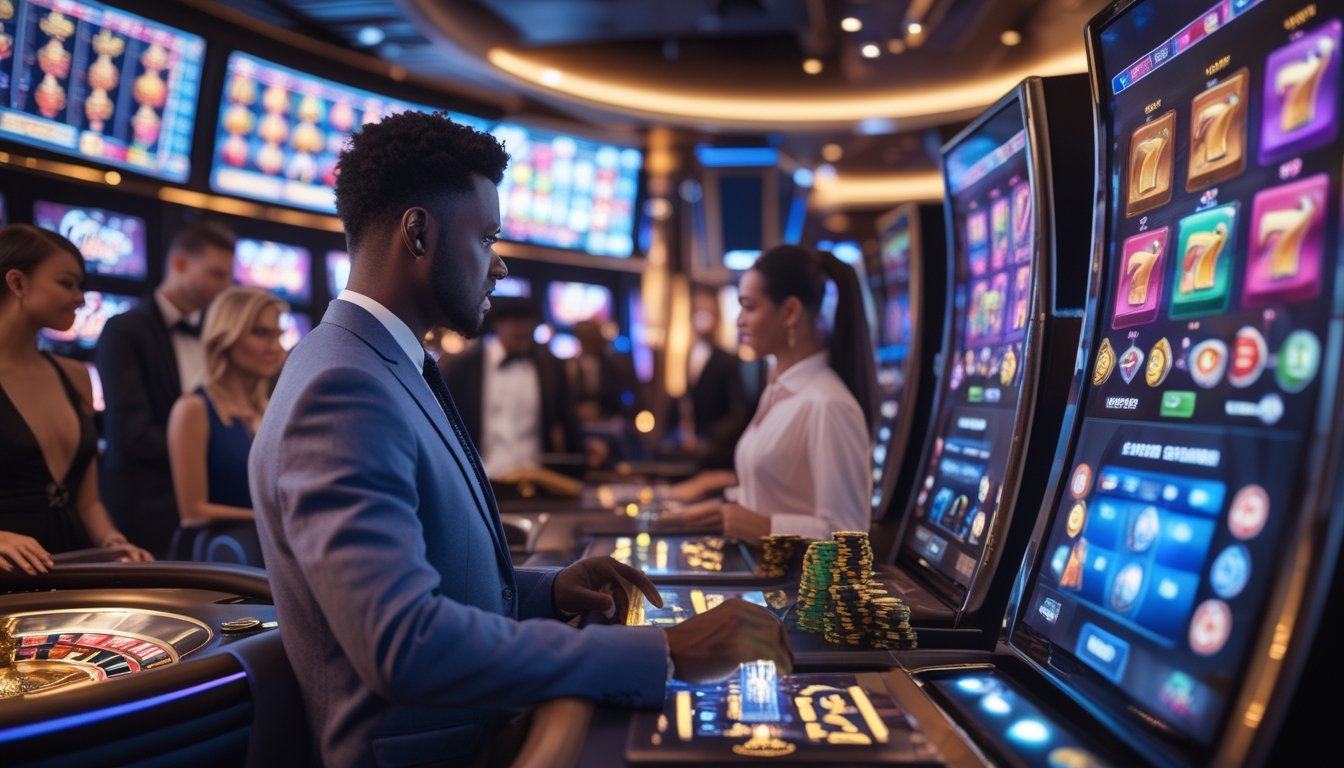 Orang-orang bermain mesin slot digital dan meja kasino langsung di lingkungan kasino online yang modern dan canggih.