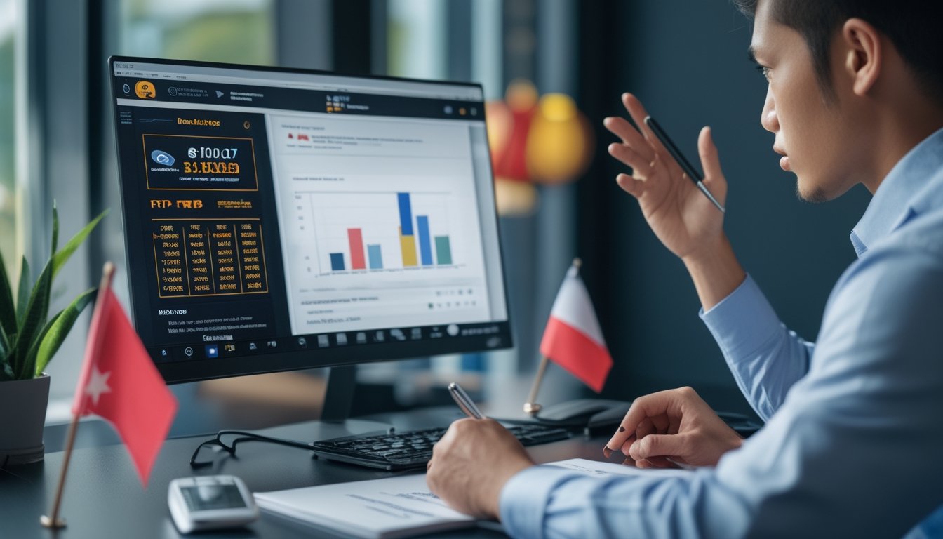 Seorang profesional sedang menganalisis data RTP kasino online di depan laptop dengan grafik dan kalkulator di meja kerja.