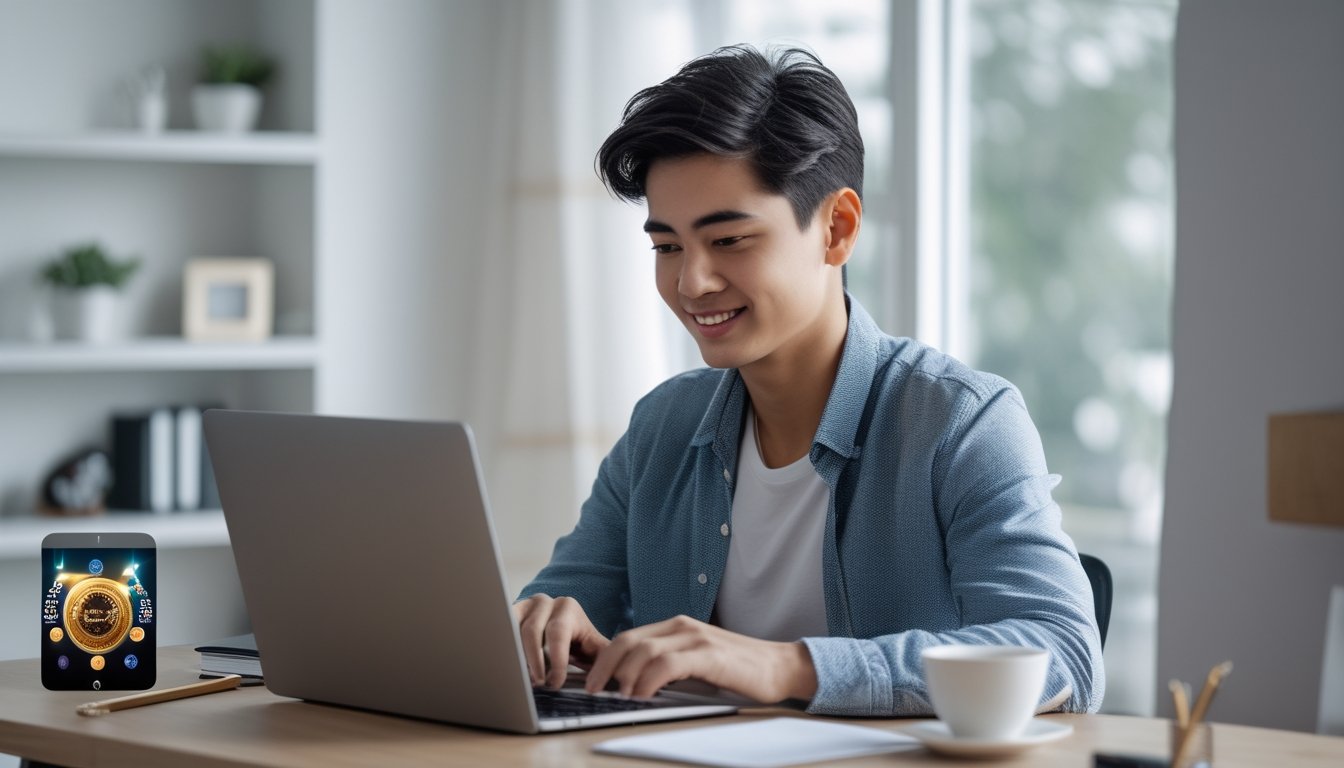 Seseorang muda duduk di meja dengan laptop di ruang kerja yang rapi dan terang, tampak fokus dan tersenyum saat menggunakan perangkat elektronik.