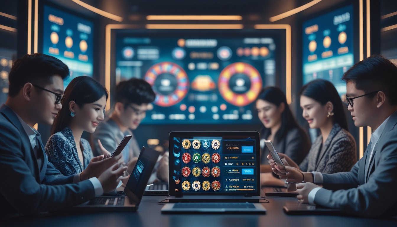 Sekelompok orang Indonesia menggunakan perangkat digital untuk bermain permainan kasino online dengan latar belakang grafik tren taruhan.