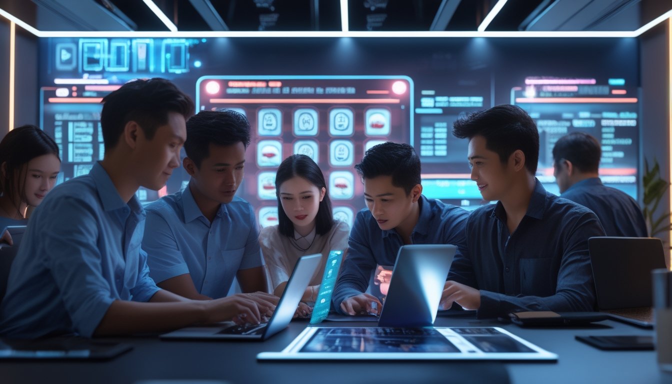 Sejumlah orang muda Indonesia menggunakan perangkat digital untuk bermain kasino online di ruangan modern dengan tampilan teknologi canggih.