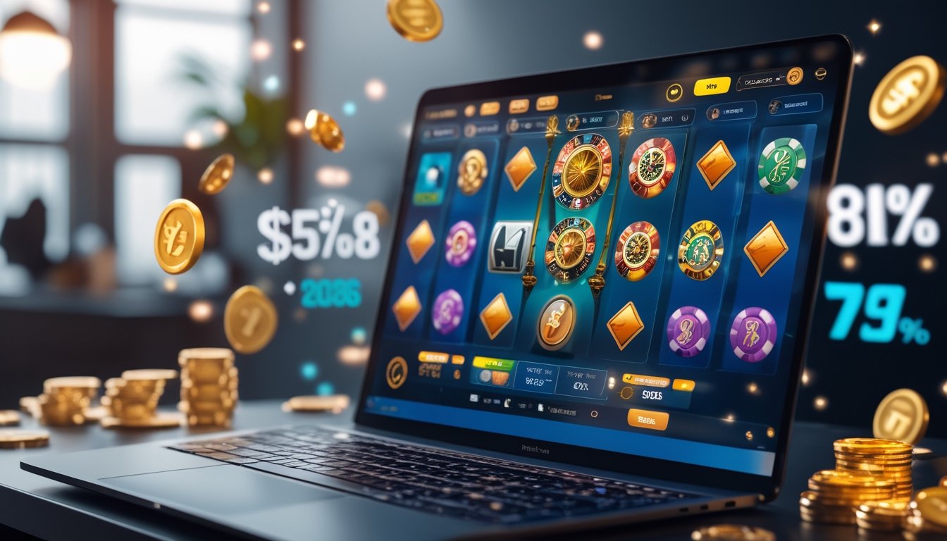 Sebuah laptop dengan tampilan permainan kasino online yang berwarna-warni di atas meja bersih, dikelilingi oleh chip poker dan koin.