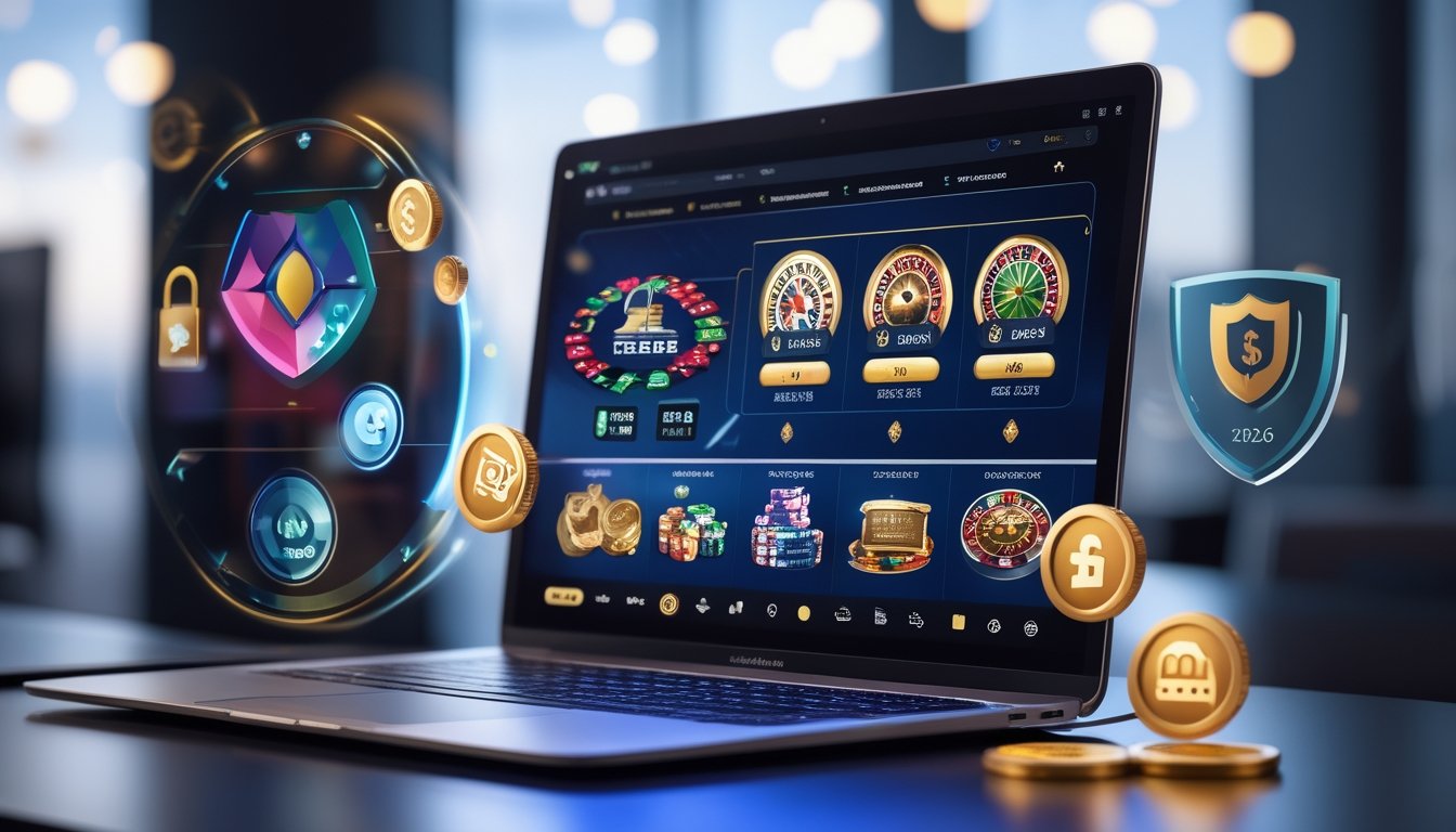 Seorang pengguna sedang melihat layar komputer dengan tampilan situs kasino online yang menampilkan berbagai permainan dan simbol keamanan di sekitarnya.