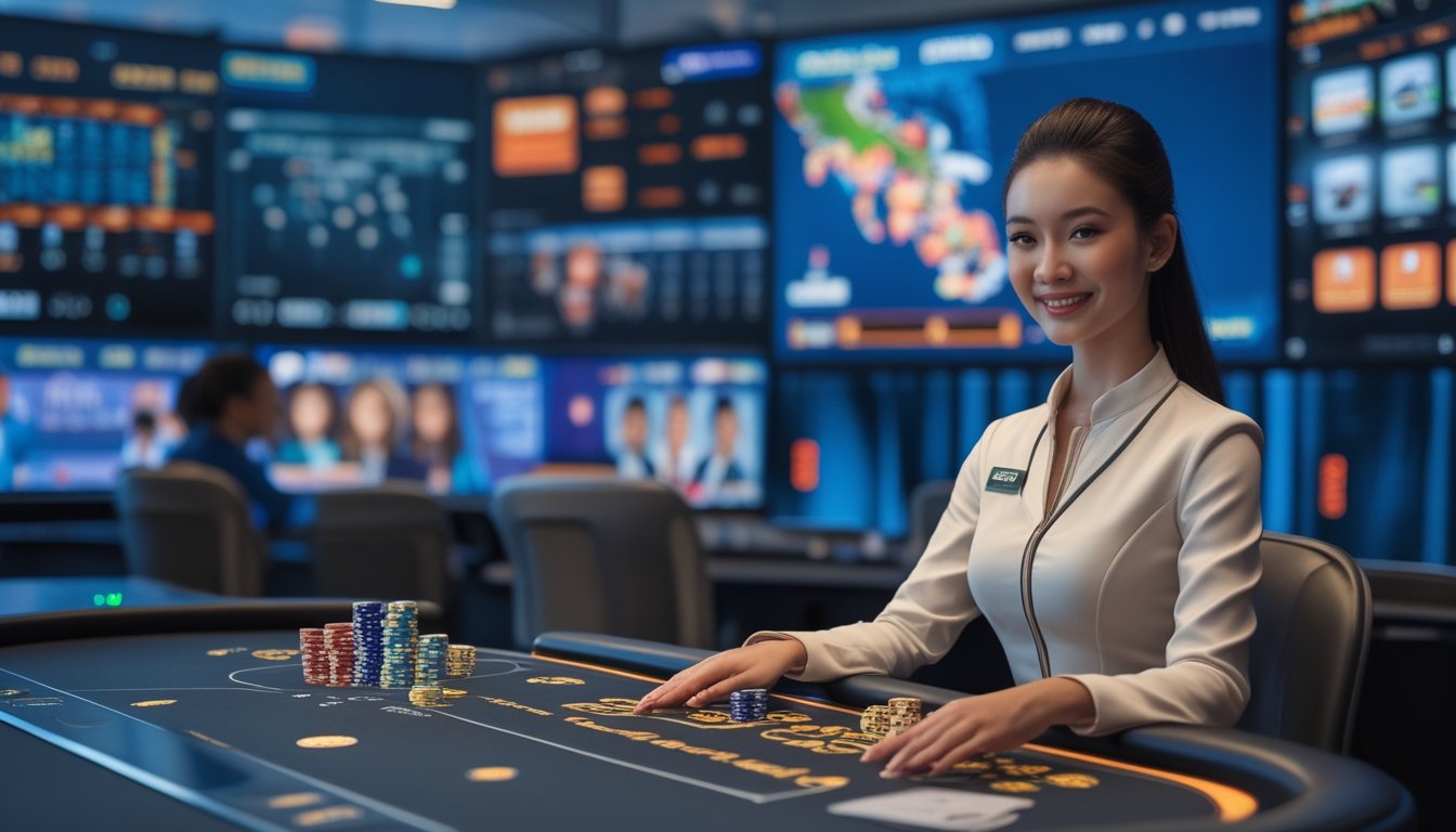 Seorang dealer kasino profesional duduk di meja permainan dengan kartu dan chip, layar menampilkan permainan kasino langsung dan peta digital Indonesia di latar belakang.