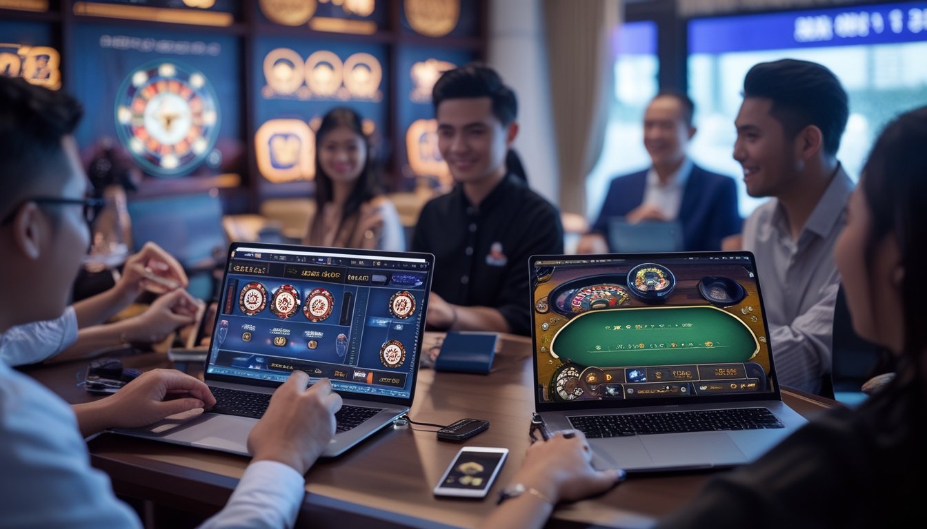 Orang-orang bermain live casino online dengan dealer nyata menggunakan laptop dan ponsel di lingkungan modern yang menampilkan elemen budaya Indonesia.