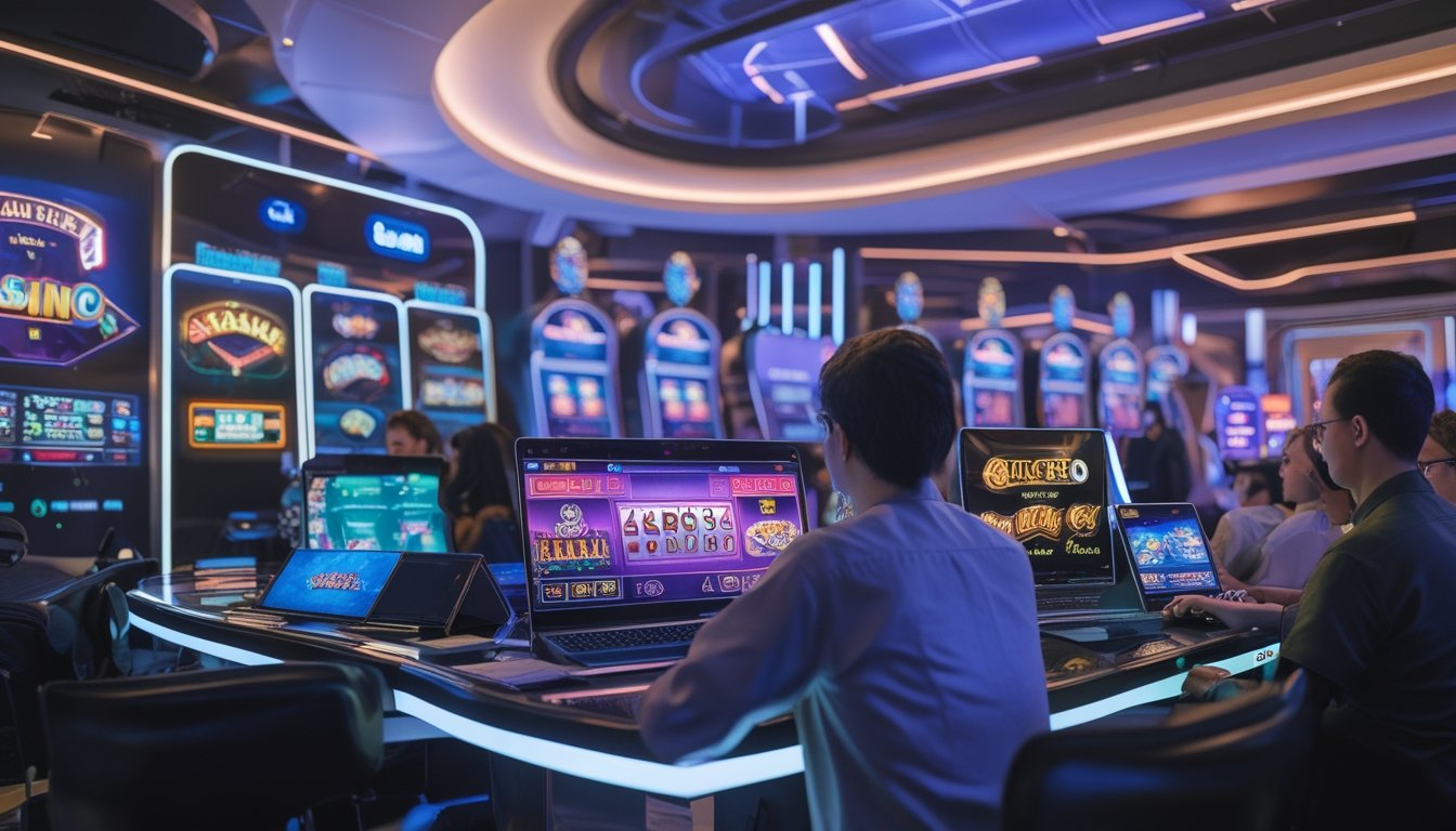 Beberapa orang sedang bermain permainan kasino online seperti baccarat, blackjack, dan slot pada perangkat digital di lingkungan modern dan mewah.