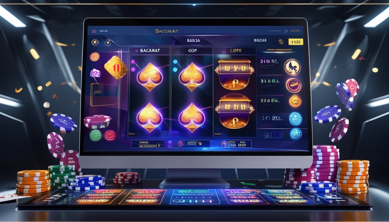 Suasana kasino online dengan layar komputer menampilkan permainan Baccarat, Blackjack, dan Slot yang berwarna-warni dan menarik perhatian.