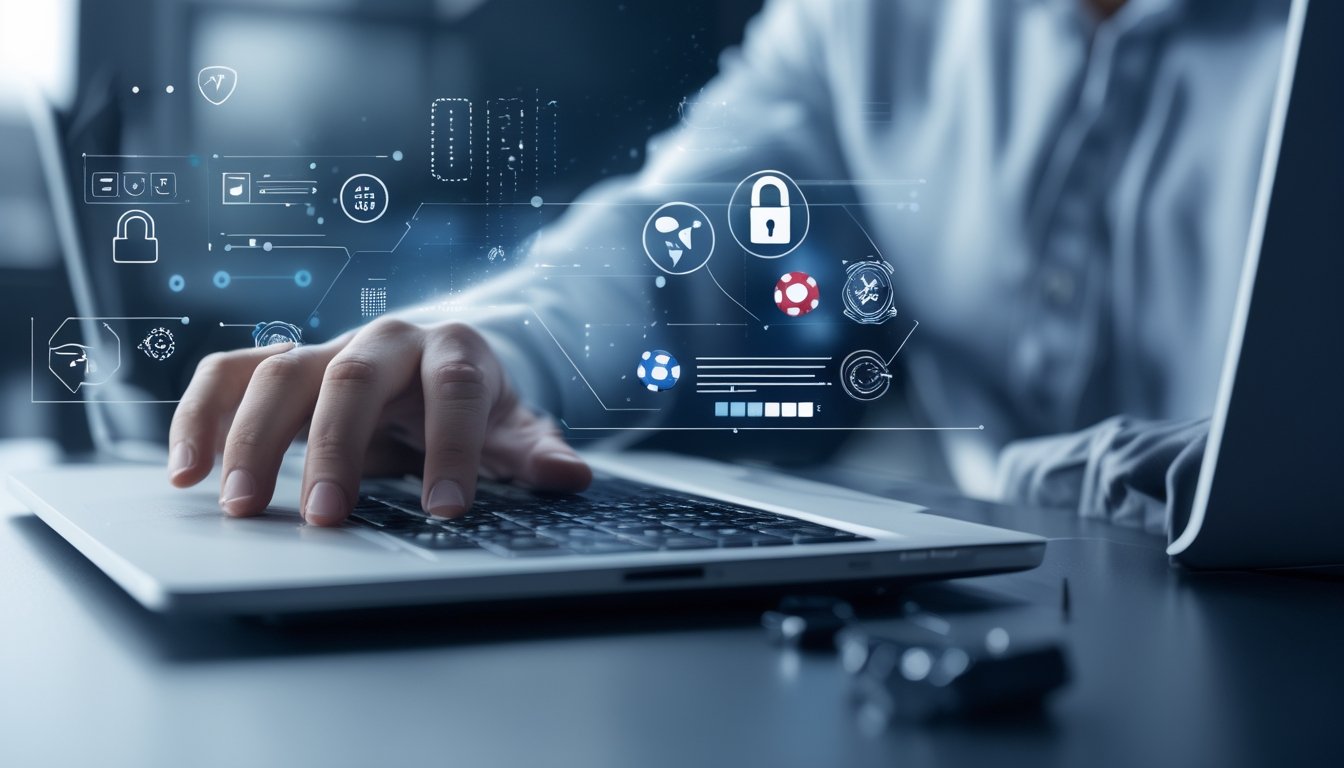 Seseorang menggunakan laptop dengan tampilan situs kasino online yang aman, di latar belakang terdapat simbol keamanan dan teknologi.
